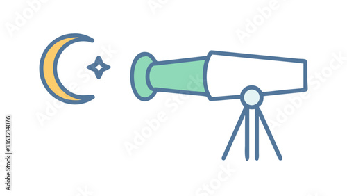 Vector icon of a telescope pointing at a thin crescent moon, representing moon sighting for Ramadan or Eid.