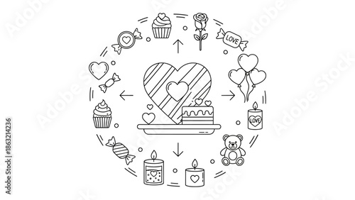 Romantic Icon Circle: A delicate illustration depicting the essence of romance. Surrounded by hearts, balloons, sweets, cakes, rose and teddy bear, and candles, it radiates warmth.