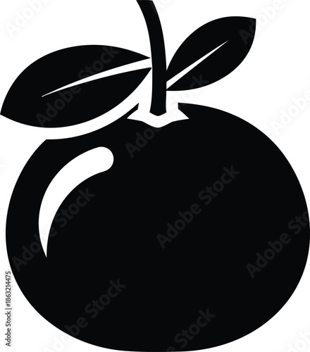 Minimalist Black Citrus Fruit Silhouette with Two Leaves and Stem, Stylized Orange or Tangerine Icon for Organic Branding and Fresh Food Logo Design, Transparent Background, AI Generative
