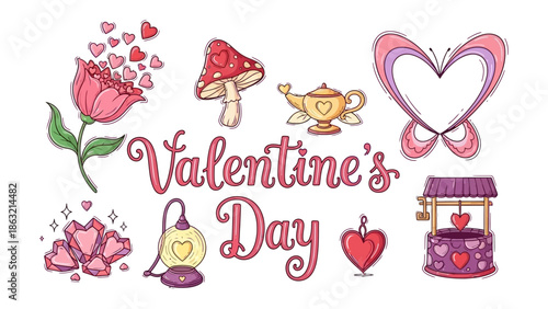 Valentine's Day Decorations: An array of adorable valentine's day decorations and elements arranged artfully in a festive composition. Illustrating the sweetness and beauty of love.