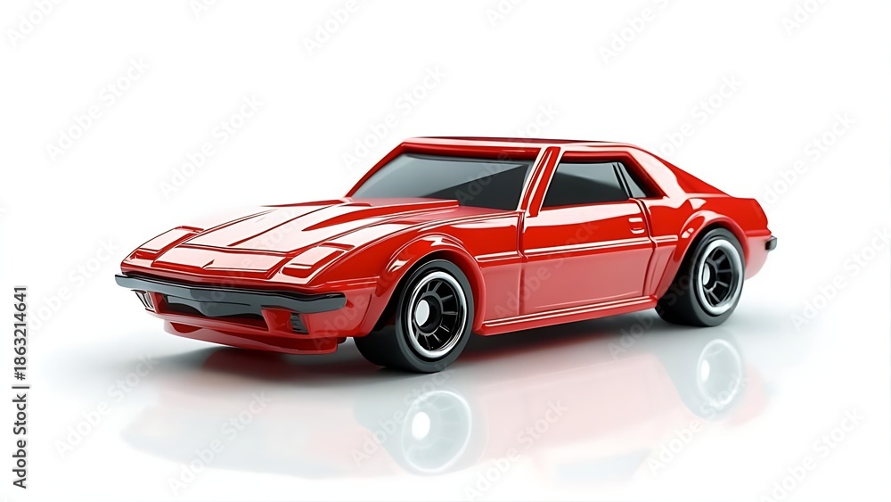 Obraz premium A vibrant, red classic sports car model, angled slightly, with black wheels and a white background