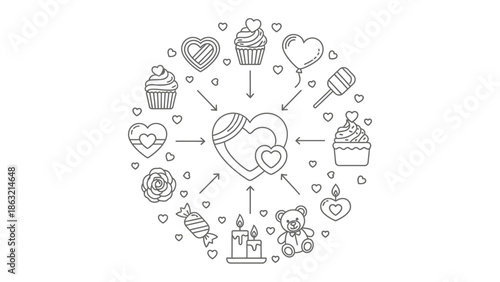 Sweetheart's Charm: A delicate illustration, heart-shaped symbols dance around a central heart, representing love and affection. Each icon adds a touch of charm and whimsy. 