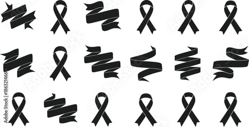 Large Collection of Black Awareness Ribbons and Decorative Banner Silhouettes for Mourning, Charity Campaigns, and Graphic Design Labels, Minimalist Icon Set on Transparent Background, AI Generative
