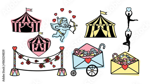 Circus and Love Elements: Whimsical illustrations blend circus tents with symbols of affection, creating a scene of enchantment and romance.