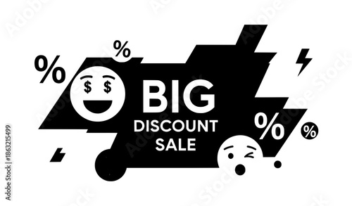 Big discount sale banner with percent emoji dollar sign and lightning flat vector