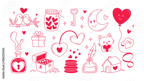 Valentine's Day Icon Set: A collection of charming Valentine's Day icons and illustrations, including hearts, keys, love birds, and other cute elements. 