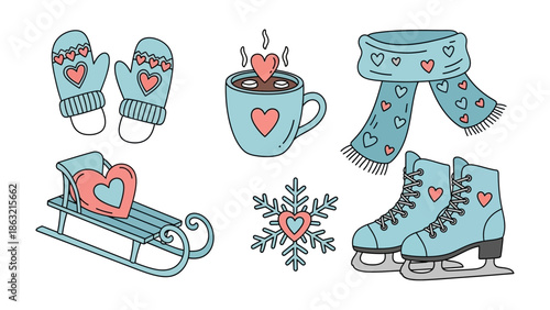 Winter Charm Collection: A delightful illustration featuring a collection of winter essentials including mittens, hot cocoa, scarf, ice skates, a sled and a snowflake.