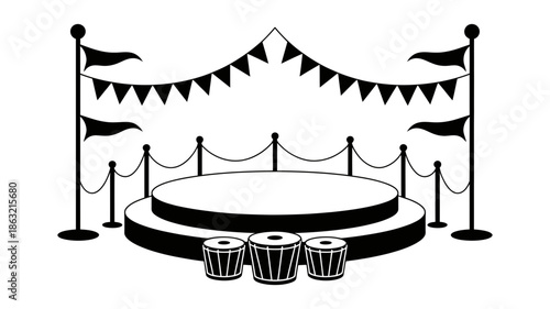 Illustration of an outdoor stage setup for a festive event with banners and drums