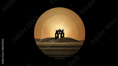 Retro Abstract Art: Silhouetted Ruined Building on a Hill Against a Golden Sun Disk and Minimalist Black Background