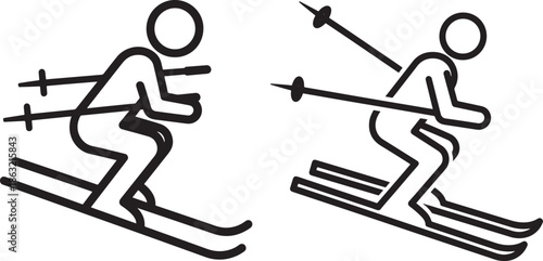 Skiers downhill motion line icons set
