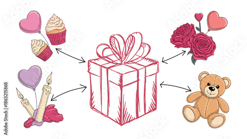 A Gift of Love and Celebration: A hand-drawn illustration depicting a delightful array of gifts, including a wrapped present adorned with a bow, cupcakes, roses, balloons, candles, and a teddy bear.