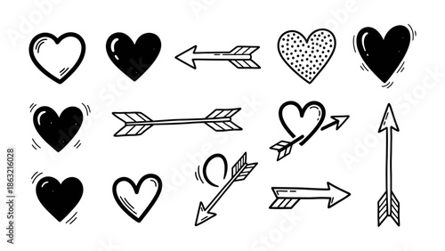 Love's Embrace: a collection of doodle hearts and arrows, symbolizing the bonds of love, affection, and the pursuit of romance. A visual ode to relationships and sentiments.