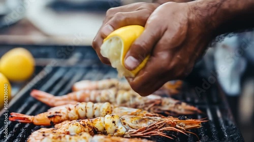 Wallpaper Mural Grilled shrimp with lemon squeeze culinary preparation and close up Torontodigital.ca