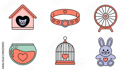 Pet Lover's Essentials: A collection of charming illustrations showcasing all the essential elements for pampering beloved pets, evoking feelings of comfort, security, and pure joy.