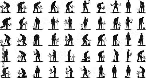 Silhouette illustration of people planting trees environmental conservation nature care eco friendly concept growing plants sustainability and green earth support