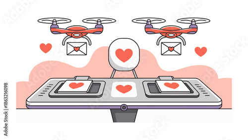 Love Delivery: Two drones carrying love letters take flight, guided by a heart-shaped remote control. An illustration of modern romance, perfect for conveying themes of affection, connection.