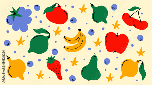 Cartoon fruit and berry stickers in retro groovy doodle style. Tropical exotic fruits, vegetarian healthy food and vitamin-rich snacks.