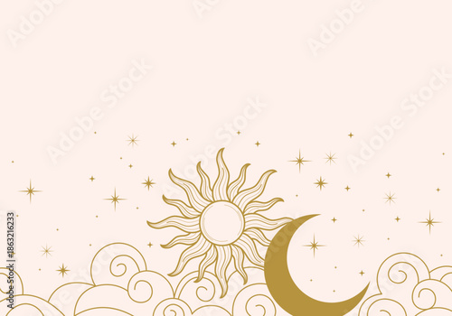 Mystic celestial rectangle golden frame with sun, stars, moon phases, crescents and copy space. Ornate magical background