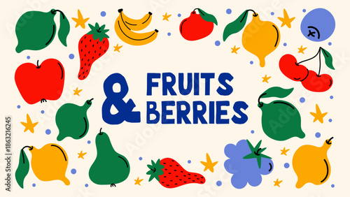 Retro doodle cartoon stickers with fruits and berries. Groovy tropical exotic set, healthy vegetarian food full of vitamins.