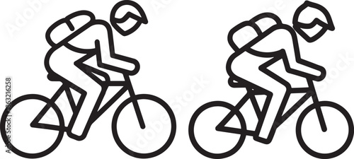 Two cyclists with backpacks riding bicycles icon set