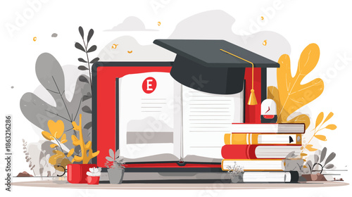 Online Education and E-learning Concept. Digital Learning Platform with Laptop, Books, and Graduation Cap Illustration.
