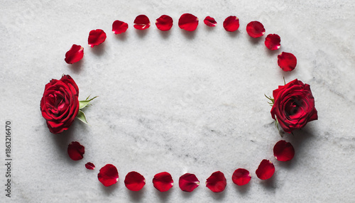 Two red roses surrounded by scattered petals on a light grey polished marble surface