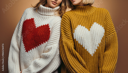 Two people wearing chunky knit sweaters with heart in red and white and mustard yellow and white