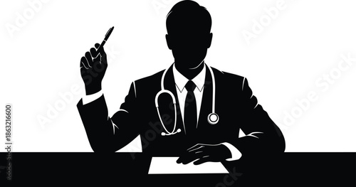 Black and White Silhouette Illustration of Healthcare Professional Wearing Stethoscope Sitting at Desk and Holding Pen in Professional Medical Setting