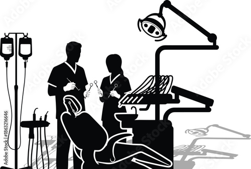 Black and White Silhouette Illustration of Male and Female Dental Professionals at Examination Chair with IV Stand and Medical Light