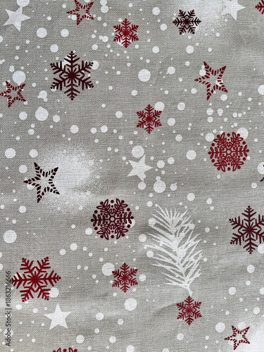 Christmas winter holiday fabric with red snowflakes pattern