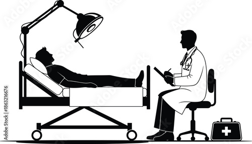 Black and White Silhouette Illustration of Male Doctor with Clipboard Consulting Patient on Hospital Bed in Minimalist Medical Office Scene