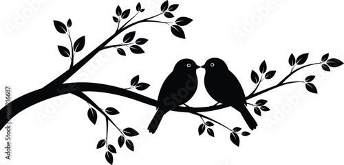 Black and White Silhouette Illustration of Two Birds Perched on Tree Branch with Leaves in Minimalist Romantic Nature Style Vector