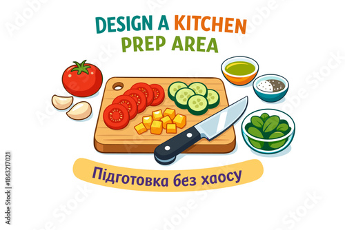 Colorful kitchen prep area design with vegetables and knife for stress-free cooking