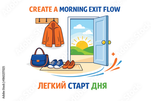Organized morning routine with open door and sunrise