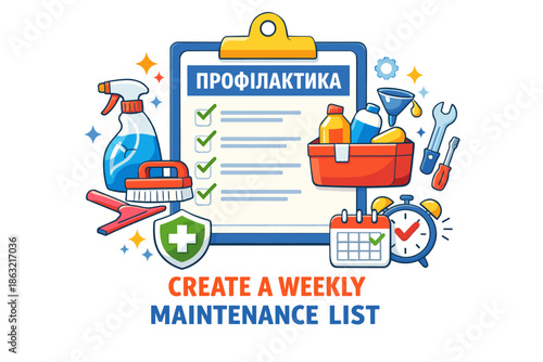 Weekly maintenance checklist with cleaning supplies and tools