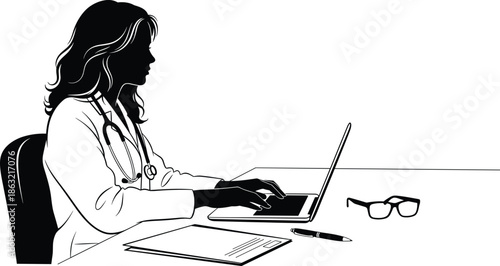 Female Doctor Silhouette Wearing Stethoscope Typing on Laptop at Desk with Glasses and Pen in Minimalist Medical Office Workspace Scene