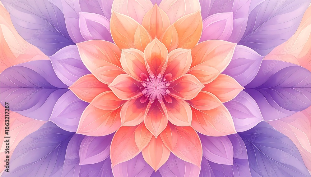 Fototapeta premium Abstract Symmetrical Floral Pattern with Soft Orange and Purple Petals