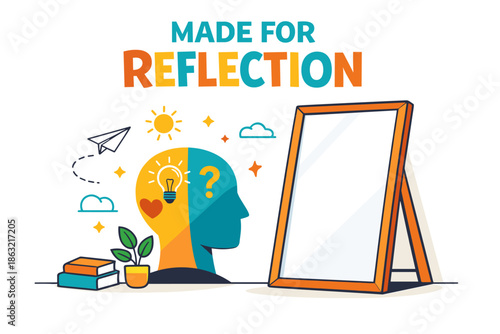 Illustrated concept of reflection with books, mirror, and thoughtful elements