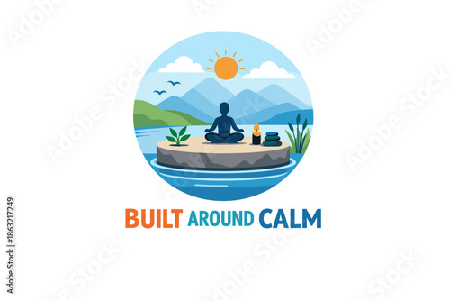 Serene meditation by lake with mountains and sun in background