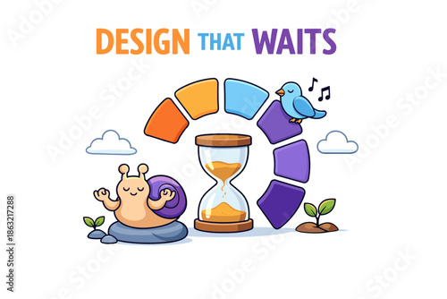 Cartoon snail and bird with hourglass and colorful arcs in nature scene