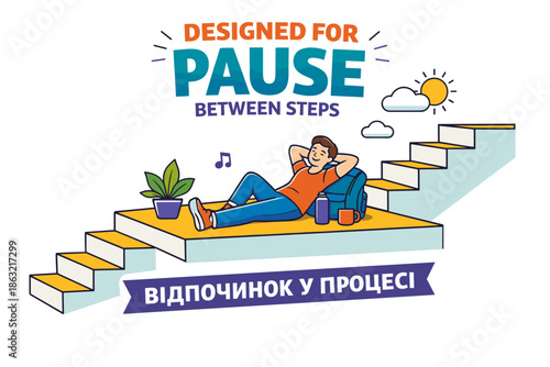 Relaxing male character taking a break on stair platform with backpack and plant
