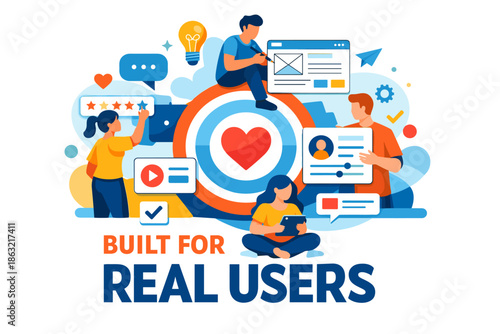 Teamwork and user engagement concept with diverse individuals and technology icons