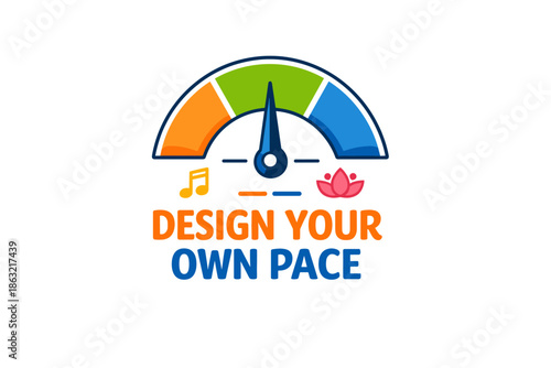 Colorful speedometer with music note and flower indicating customizable pace
