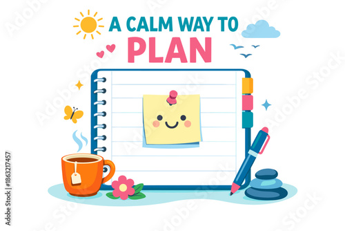 Organized notebook with happy sticky note and tea