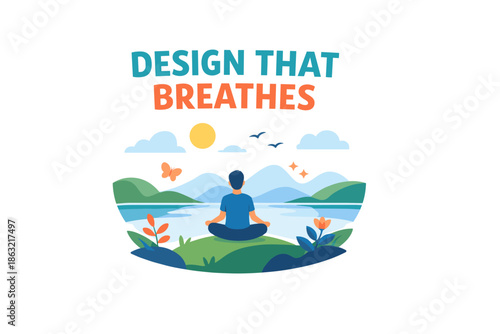 Serene meditation by a lake in nature-themed graphic art