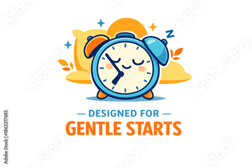 Cute cartoon alarm clock with sleeping face and gentle start message