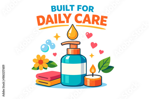 Colorful skincare essentials with soap dispenser, candle, and floral motifs