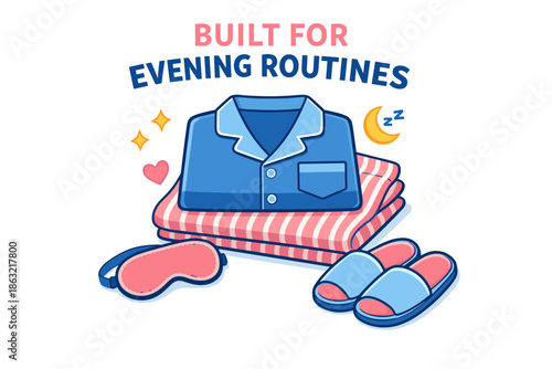 Comfortable evening routine: pajamas, slippers, eye mask, and heart motifs
