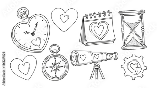 Symbols of Affection: A set of romantic icons, including a heart-shaped clock, a calendar with a heart, and more. A timeless illustration that perfectly represents the concept of love and connection.
