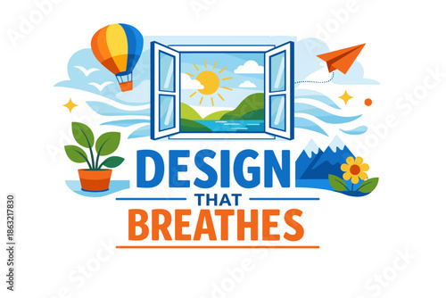 Vibrant nature-inspired design featuring open window, hot air balloon, and paper airplane